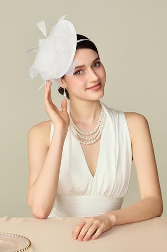 BABEYOND Fascinators Hats for Women Tea Party Mesh Flower Pillbox Derby Hat - color: White