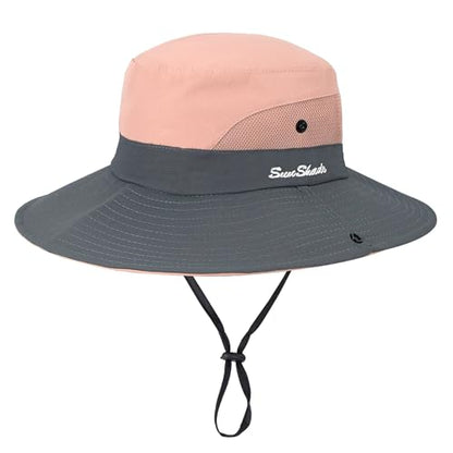 Women's Outdoor-UV-Protection-Foldable-Sun-Hats-Wide-Brim Hat Ponytail-Hole - color: Pink