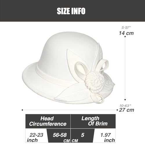 Woolen Cloche Hat for Women, Flower Winter Warm Bucket Cap - color: White