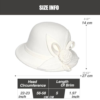 Woolen Cloche Hat for Women, Flower Winter Warm Bucket Cap - color: White