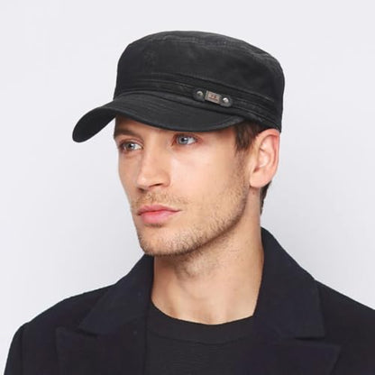 Initlove Cadet Caps for Men Washed Cotton Military Army Cap Flat Top Hat for Women - color: Black