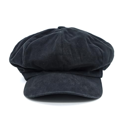 WITHMOONS Plain Baker Boy Hat Twill Cotton Beret Cap Newsboy Hat Washed Adjustable JDG1582 - color: Black