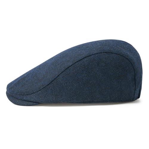 FEINION Men Wool Blend Flat Cap Tweed Newsboy Ivy Hat - color: Herringbone Navy