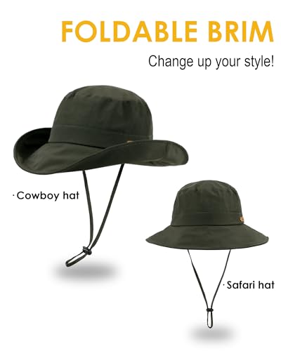 Waterproof Bucket Hats for Women Men Foldable Brim UPF 50+ Floppy Cowboy Rain Hat UV Protection Boonie Sun Hats for Hiking Army Green