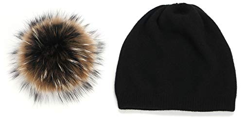 Women's Winter Double Layer Slouchy Beanie with Genuine Raccoon Fur Pom Pom - color: Black Yellow Pom 3