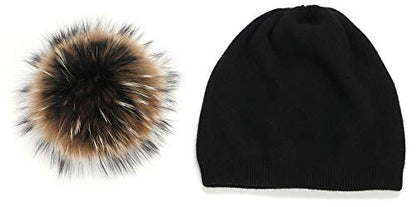 Women's Winter Double Layer Slouchy Beanie with Genuine Raccoon Fur Pom Pom - color: Black Yellow Pom 3