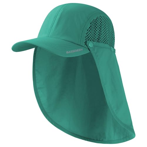 BASSDASH UPF 50+ Fishing Hat, Baseball Cap with Removable Neck Flap - color: Aqua Green With Unfoldable Brim