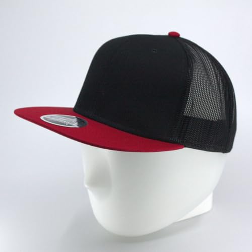 Plain Cotton Twill Flat Brim Mesh Adjustable Snapback Trucker Baseball Cap - color: Red/Black/Black