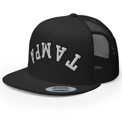 NX Upside Down Tampa Embroidered Flat Bill Trucker Hat High Crown Snapback Cap - color: Black