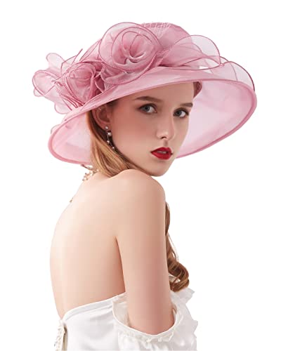 Women Organza Kentucky Hat Fascinator Tea Party Derby Hat Feather Wedding Church Head Ornament Sun Hats - color: 017-pink Purple