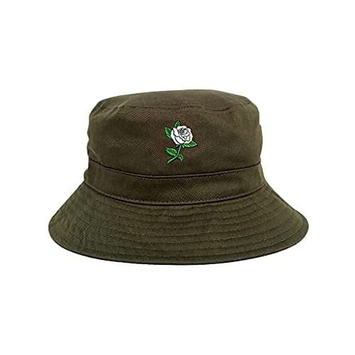 White Rose Embroidered Bucket Hat, Unisex Hat, Summer Hat, Sun Hat - color: Olive