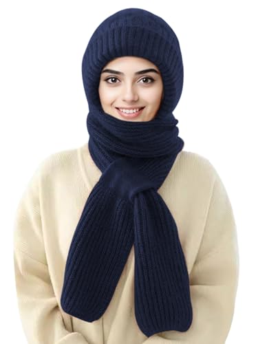 Sumolux Integrated Ear Protection Windproof Cap Scarf Elastic Knitting - color: Navy Blue