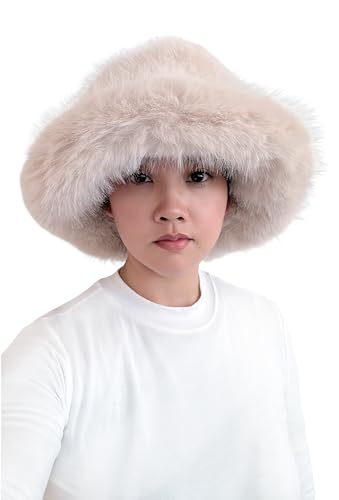 Lina & Lily Oversized Winter Faux Fur Bucket Hat for Women - Long Pile Fur Wide Moldable Brim - color: Beige