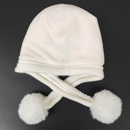 HUAMULAN Women Winter Sherpa Knit Beanie Hats with Pom Poms Ear Flaps - color: Xz3123-baise