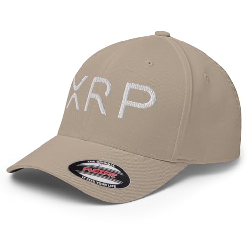 FX XRP Crypto Fitted Hat Embroidered Curved Bill Mid Crown Closed-Back Structured Twill Cap - color: Khaki, size: Small-Medium