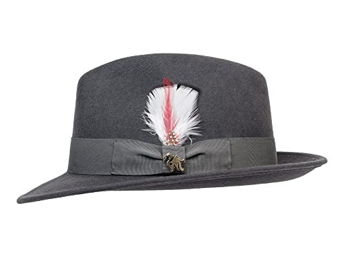 Bigalli Milano Hat Classic Mens Fedora Hat 100% Wool Felt Crushable Center Dent Water Repellent | Grosgrain Ribbon - color: Dark Grey, size: X-Large