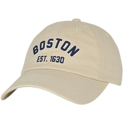E BY ELIDAN Boston EST 1630 Dad Hat, Embroidered Cotton Baseball Cap - color: Stone Est 1630