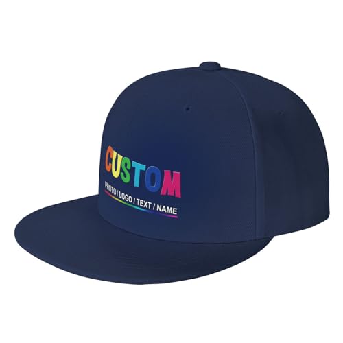 Custom Snapback Hats for Men Personalized Hip Hop Flat Bill Brim Baseball Cap Add Your Own Text Photo Logo - color: Single Color - Navy