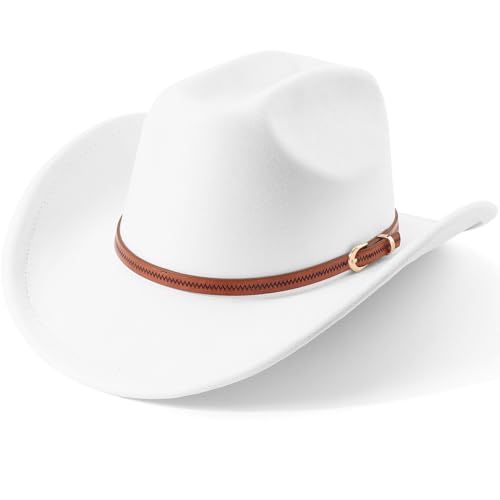 Western Cowboy Hats for Women Classic Felt Wide Brim Fedora Hat with Belt Buckle Retro Panama Hat Unisex Rolled up Cap - color: Suede Cowboy Hats : White, size: Small