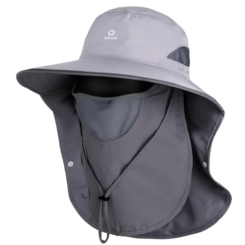 UPF 50+ Sun Hats for Men Women, Wide Brim & Face Neck Flap Fishing Hat, UV Protection Summer Hat for Fishing Hiking Outdoor - color: Light Gray