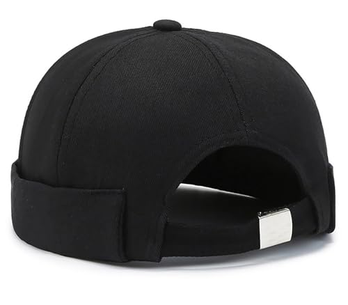 Mens Docker Cap – Brimless Beanie Skull Cap Retro Rolled Cuff Adjustable Cotton - color: Black