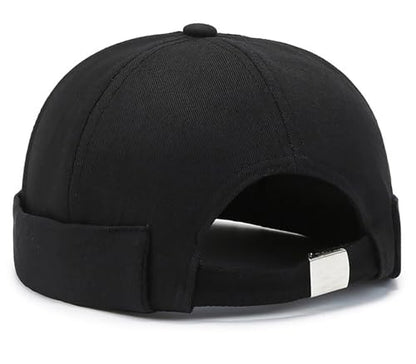 Mens Docker Cap – Brimless Beanie Skull Cap Retro Rolled Cuff Adjustable Cotton - color: Black
