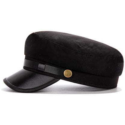 Women's Yacht Captain Sailor Hat, PU Material Newsboy Hat, Stylish Biker Hat, Baker Boy Hat, Peaked Beret - color: Black a