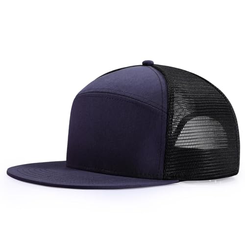 Oversize XXL Blank Flatbill Mesh Snapback Cap for Big Head 23.6"-25.6" Extra Large 6 Panel Camper Style Hat Baseball Cap - color: B - Navy