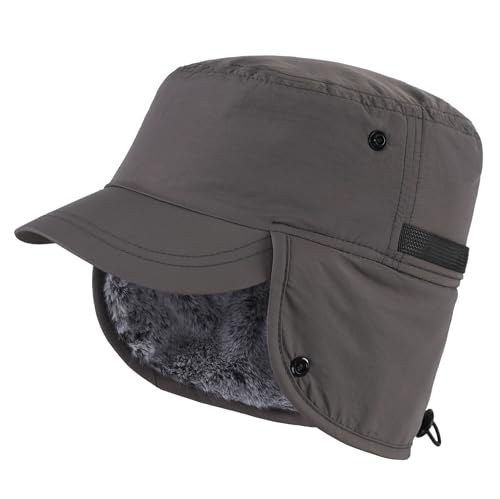 Connectyle Men's Winter Hat with Visor Warm Earflaps Hat Fully Lined Faux Fur Baseball Cap Trapper Hunting Hats - color: Grey