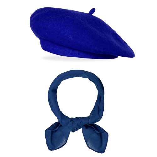 Classic Beret Hats for Women French Beret Hats Costume Accessories Painter Artist Cap with Scarf - color: Blue