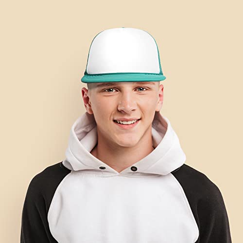 DALIX Flat Billed Trucker Hat Mesh Back S M L Adjustable Cap Solid Two Toned Snapback - color: Teal/White, size: One Size