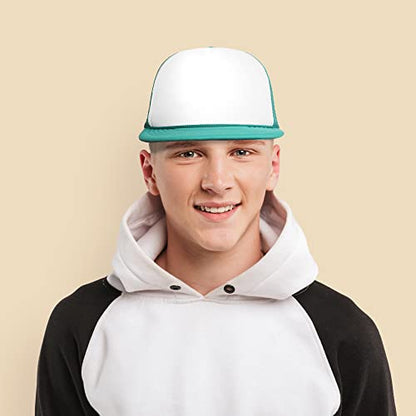 DALIX Flat Billed Trucker Hat Mesh Back S M L Adjustable Cap Solid Two Toned Snapback - color: Teal/White, size: One Size