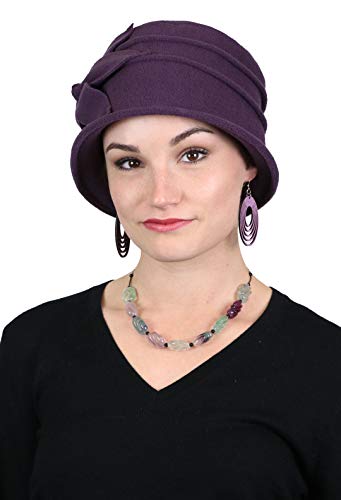 Fleece Flower Cloche Hat for Women Chemo Cancer Ladies Headwear 50+ UPF - color: Plum