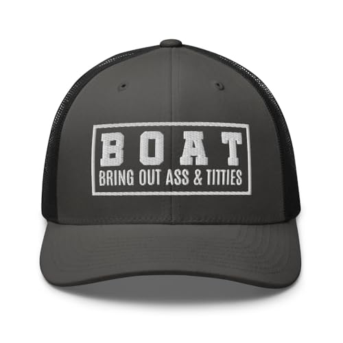 NG Boat Bring Out Ass and Titties Curved Bill Trucker Hat Mid Crown Adjustable Funny Adult Humor Cap - color: Charcoal/ Black