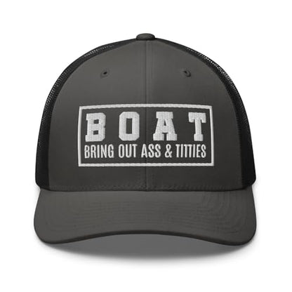 NG Boat Bring Out Ass and Titties Curved Bill Trucker Hat Mid Crown Adjustable Funny Adult Humor Cap - color: Charcoal/ Black