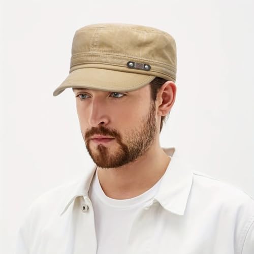 Initlove Cadet Caps for Men Washed Cotton Military Army Cap Flat Top Hat for Women - color: Beige