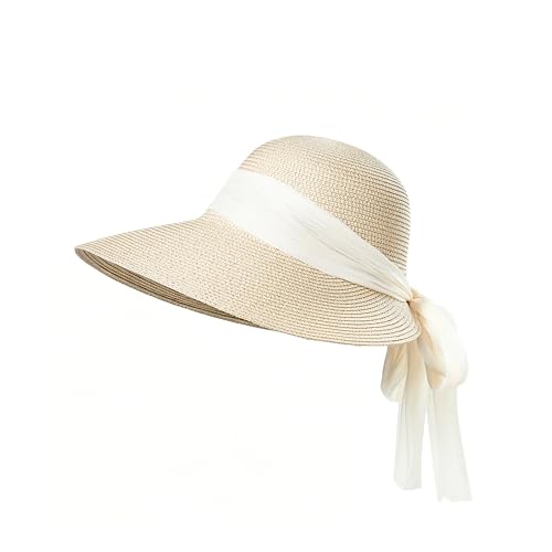 Summer Beach Hat for Women Straw Hats for Women Foldable Womens Sun Hats Outdoor Visor - color: Beige With Beige Ribbon