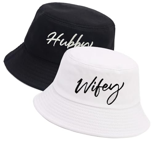 XYIYI 2 Pack Unisex Bucket Hat for Women Men Summer Beach Fishing Hat Sun Hat - color: Hubby Wifey Black White