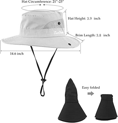 IYEBRAO 2 Pack Womens Ponytail Sun Hat UV Protection Bucket Hats Foldable Wide Brim Summer Boonie Beach Cap Fishing Hiking… - color: Black & Pure Beige