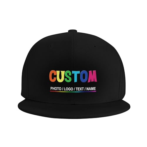 Custom Snapback Hats for Men Personalized Hip Hop Flat Bill Brim Baseball Cap Add Your Own Text Photo Logo - color: Single Color - Black