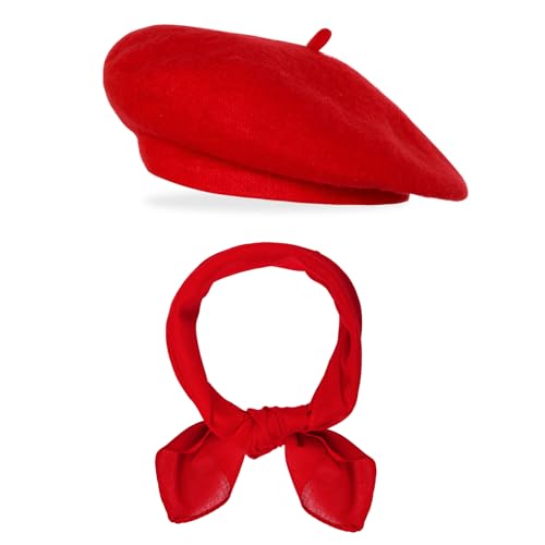 Classic Beret Hats for Women French Beret Hats Costume Accessories Painter Artist Cap with Scarf - color: Red