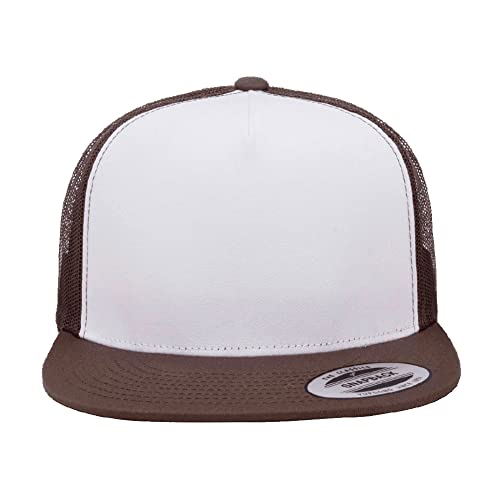Yupoong 5-Panel YP Classic Trucker Cap | High Profile Flat Visor Snapback - color: Brown/White/Brown