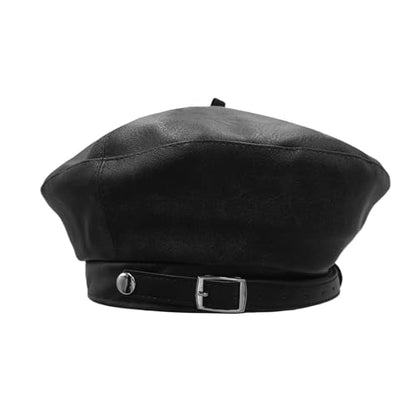 MINGSEECESS Women PU Leather French Black Beret Hat Causal Beanie Hat - color: Belt-black