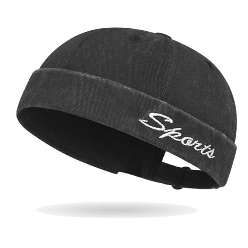Sailor Brimless Skull Hat, Washed Cotton Docker Hat for Men Vintage - color: B-black