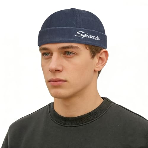 Sailor Brimless Skull Hat, Washed Cotton Docker Hat for Men Vintage - color: B-navy Blue