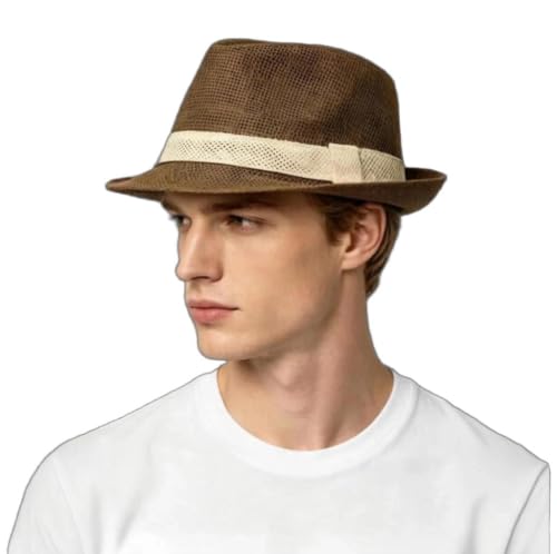 Straw Unisex Fedora Sun Hat Short Brim Panama Summer Hats Trilby Jazz Beach UPF 50+ Vintage 1920s UV Protection Travel Cap - color: Coffee