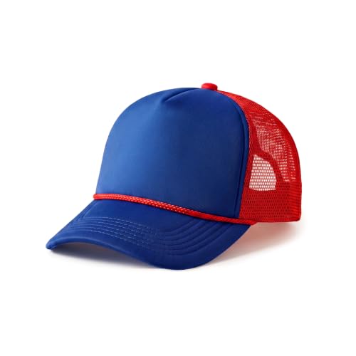 CHOK.LIDS Blank Foam Trucker Hat, Retro Mesh Rope Snapback Cap, Men Women - color: Curved Brim (Royal/Red)