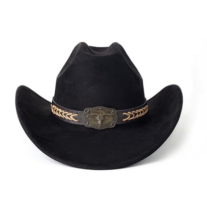 Western Cowboy Hat for Women Men Retro Suede Hat - color: Black-square Bull Buckle