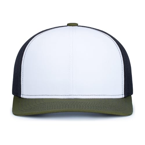 Pacific Headwear Contrast Stitch Trucker Snapback - color: White/Light Charcoal/Moss
