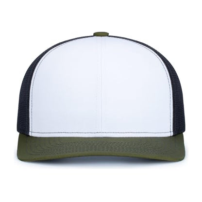 Pacific Headwear Contrast Stitch Trucker Snapback - color: White/Light Charcoal/Moss